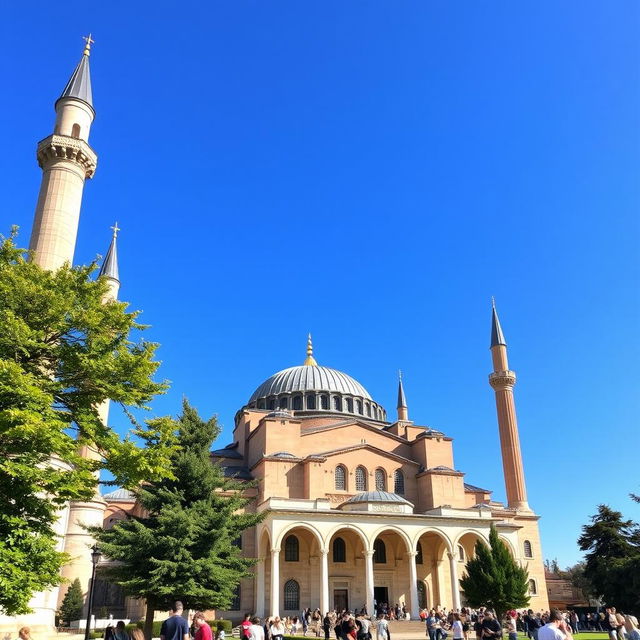 A breathtaking view of the Hagia Sophia, showcasing its iconic dome and minarets against a clear blue sky