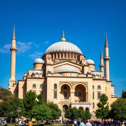A breathtaking view of the Hagia Sophia, showcasing its iconic dome and minarets against a clear blue sky