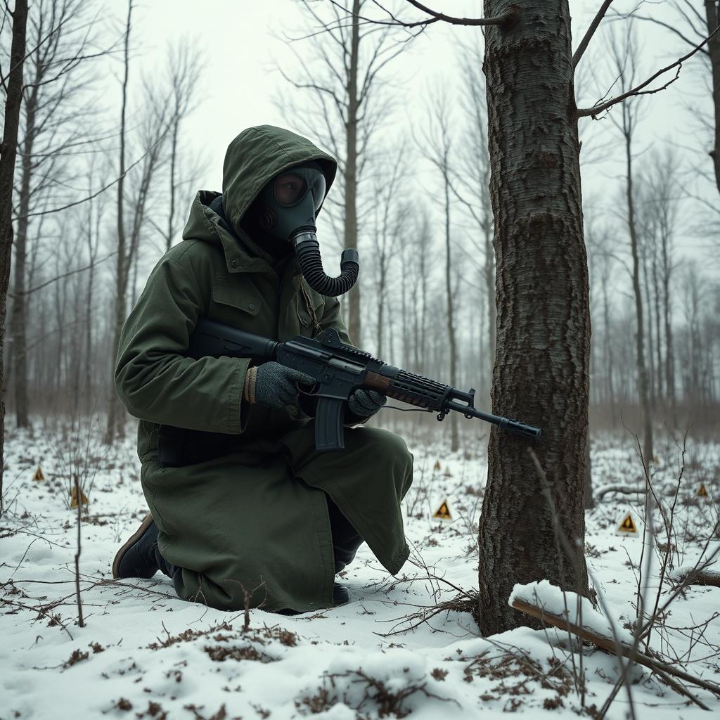 A desolate forest scene depicting the aftermath of a nuclear winter