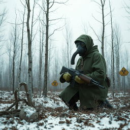 A desolate forest scene depicting the aftermath of a nuclear winter