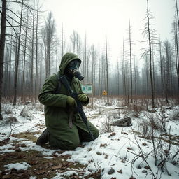 A desolate forest scene depicting the aftermath of a nuclear winter