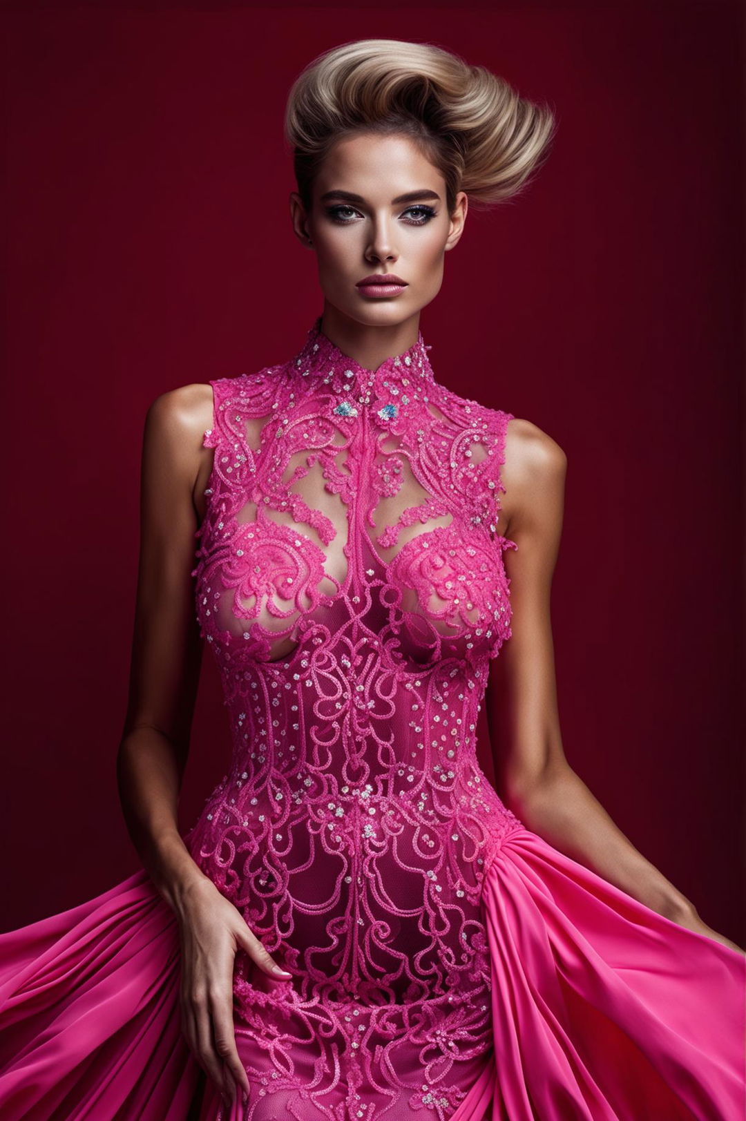 A high-definition, editorial magazine photograph of a new, more beautiful model in a different style hot pink dress with intricate lace and sequin details