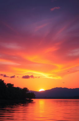 A picturesque scene of an evening sunset over a tranquil lake