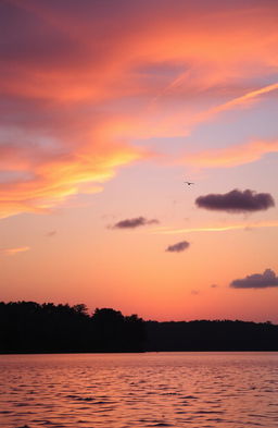 A picturesque scene of an evening sunset over a tranquil lake