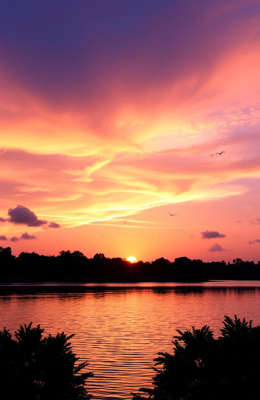 A picturesque scene of an evening sunset over a tranquil lake