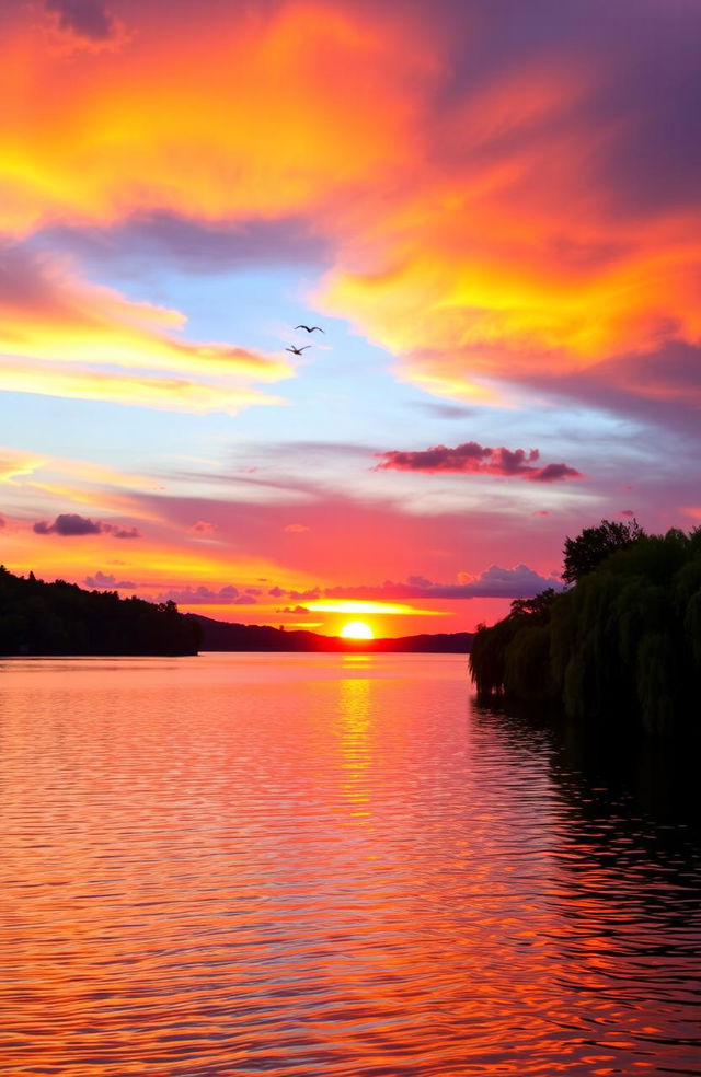 A picturesque scene of an evening sunset over a tranquil lake