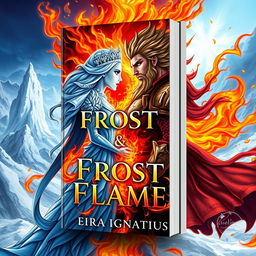 A captivating book cover design for "Frost & Flame" by Eira Ignatius, featuring a dramatic illustration of an ice queen and a fire king