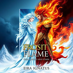 A captivating book cover design for "Frost & Flame" by Eira Ignatius, featuring a dramatic illustration of an ice queen and a fire king