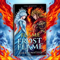 A captivating book cover design for "Frost & Flame" by Eira Ignatius, featuring a dramatic illustration of an ice queen and a fire king
