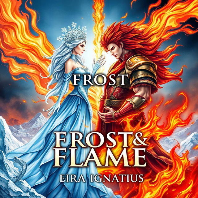 A captivating book cover design for "Frost & Flame" by Eira Ignatius, featuring a dramatic illustration of an ice queen and a fire king