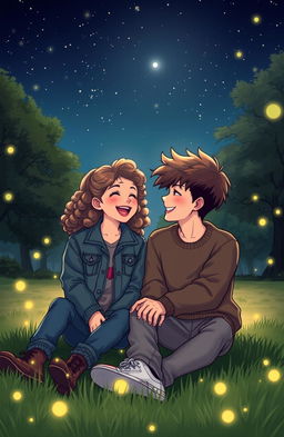 A heartfelt love story scene between two teenagers sitting under a starry night sky