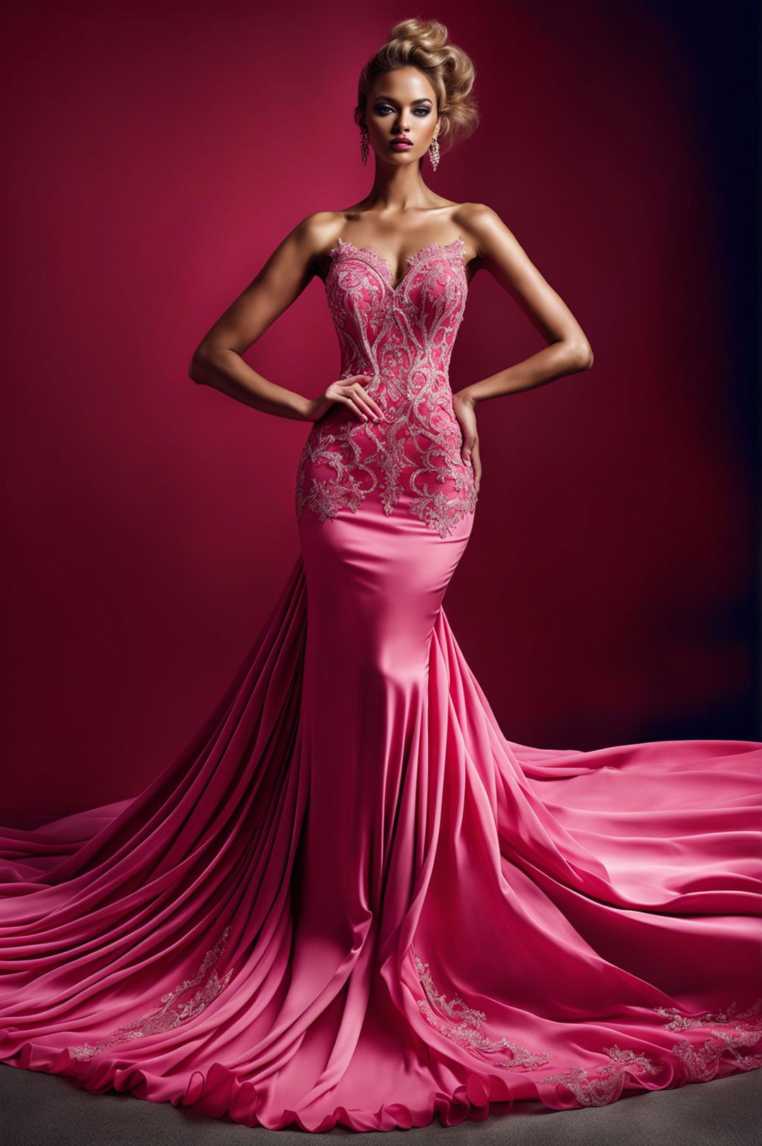 A high-definition, editorial magazine photograph of a new, more beautiful model in a different style hot pink gown with intricate lace and sequin details