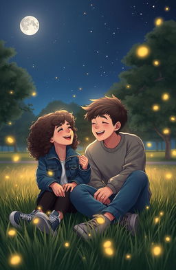 A heartfelt love story scene between two teenagers sitting under a starry night sky