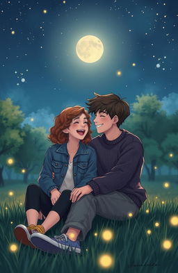 A heartfelt love story scene between two teenagers sitting under a starry night sky