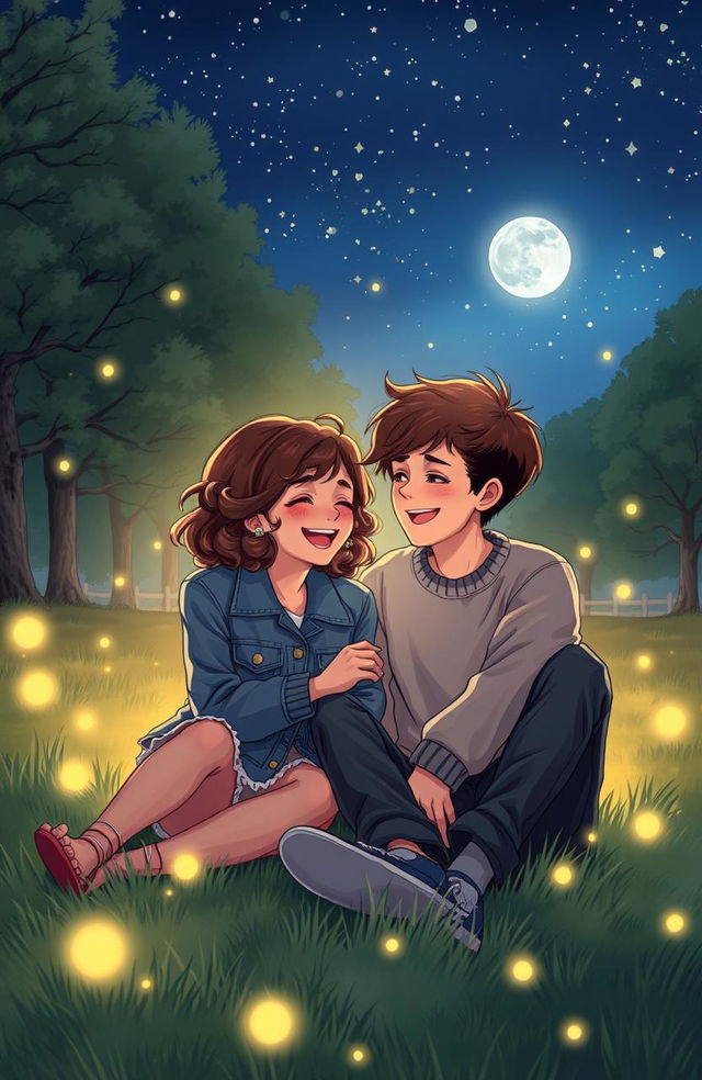 A heartfelt love story scene between two teenagers sitting under a starry night sky