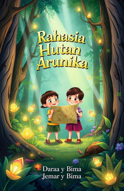 An enchanting illustration of a lush forest where two children, named Dara and Bima, are holding a treasure map