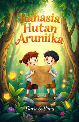 An enchanting illustration of a lush forest where two children, named Dara and Bima, are holding a treasure map