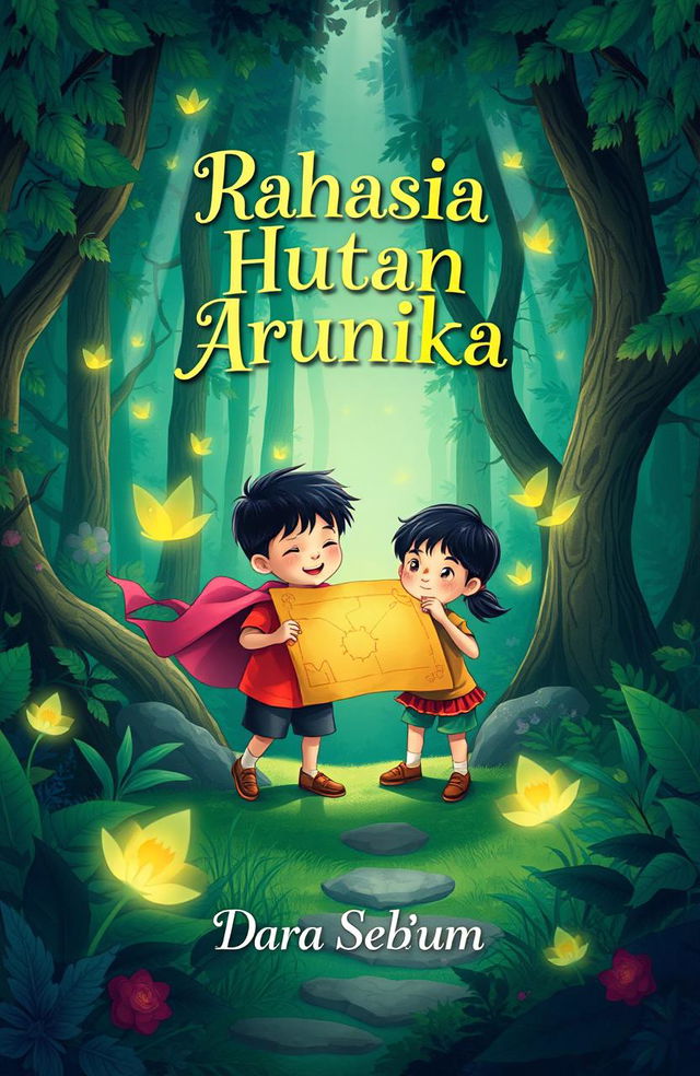 An enchanting illustration of a lush forest where two children, named Dara and Bima, are holding a treasure map