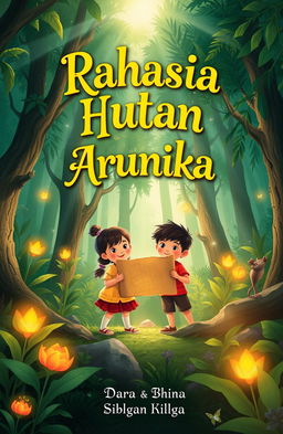 An enchanting illustration of a lush forest where two children, named Dara and Bima, are holding a treasure map