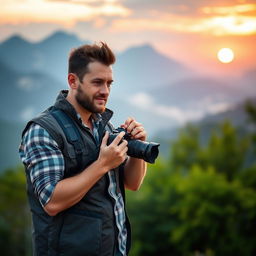A skilled male photographer passionately capturing stunning landscapes in a scenic outdoor setting