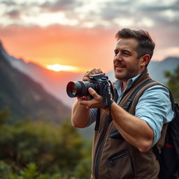 A skilled male photographer passionately capturing stunning landscapes in a scenic outdoor setting