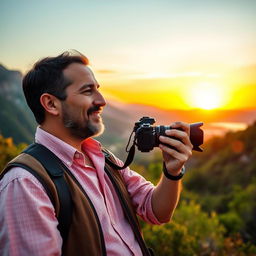 A skilled male photographer passionately capturing stunning landscapes in a scenic outdoor setting