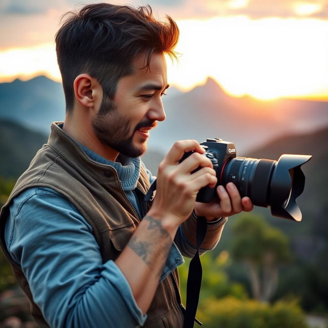 A skilled male photographer passionately capturing stunning landscapes in a scenic outdoor setting