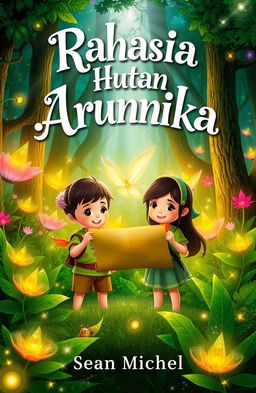 A magical forest scene featuring two adorable children, Dara and Bima, holding a treasure map