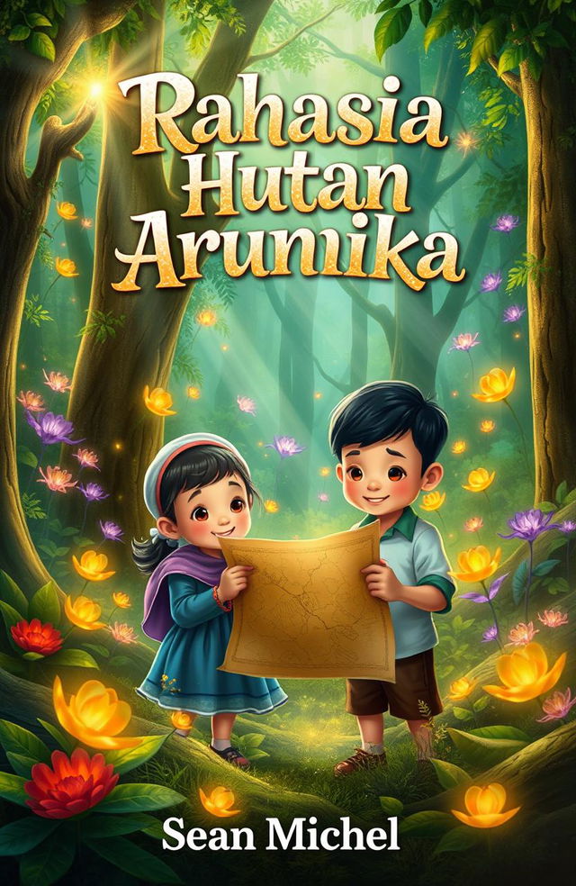 A magical forest scene featuring two adorable children, Dara and Bima, holding a treasure map