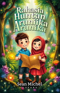 A magical forest scene featuring two adorable children, Dara and Bima, holding a treasure map