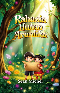 A magical forest scene featuring two adorable children, Dara and Bima, holding a treasure map