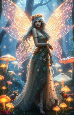 A mystical fantasy scene featuring a enchanting fae woman with shimmering translucent wings, dressed in a flowing gown made of flowers and vines