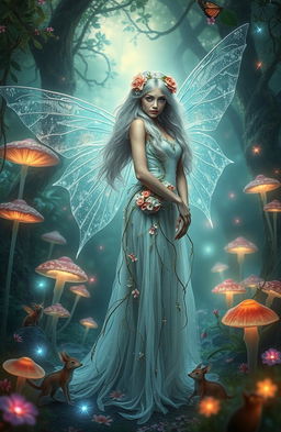 A mystical fantasy scene featuring a enchanting fae woman with shimmering translucent wings, dressed in a flowing gown made of flowers and vines