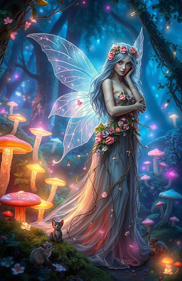 A mystical fantasy scene featuring a enchanting fae woman with shimmering translucent wings, dressed in a flowing gown made of flowers and vines