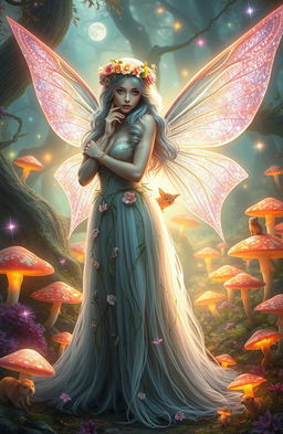 A mystical fantasy scene featuring a enchanting fae woman with shimmering translucent wings, dressed in a flowing gown made of flowers and vines