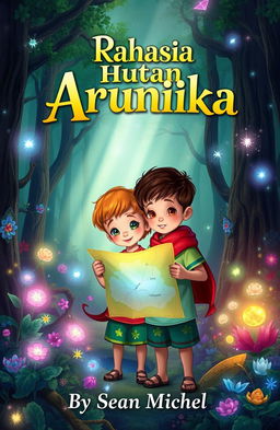 A mystical forest scene featuring two children, Dara and Bima, holding a glowing map