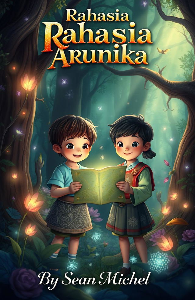 A mystical forest scene featuring two children, Dara and Bima, holding a glowing map