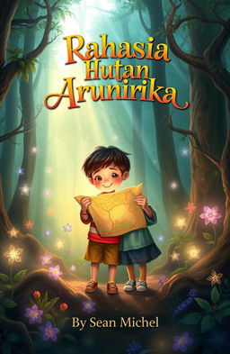 A mystical forest scene featuring two children, Dara and Bima, holding a glowing map