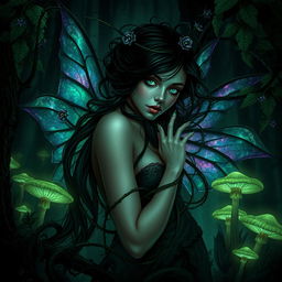 A captivating fantasy scene featuring a dark fae woman entwined in sinister green vines that appear to glisten with a poisonous sheen