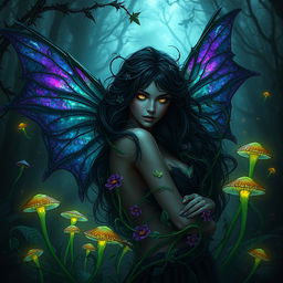 A captivating fantasy scene featuring a dark fae woman entwined in sinister green vines that appear to glisten with a poisonous sheen
