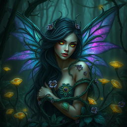 A captivating fantasy scene featuring a dark fae woman entwined in sinister green vines that appear to glisten with a poisonous sheen