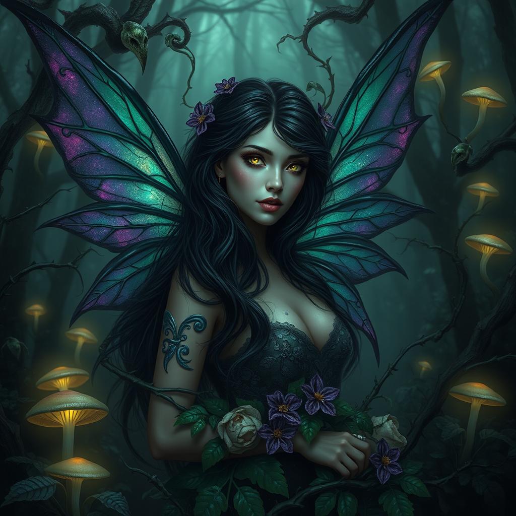 A captivating fantasy scene featuring a dark fae woman entwined in sinister green vines that appear to glisten with a poisonous sheen