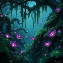 A captivating fantasy scene showcasing a lush, overgrown environment where poisonous vines snake through the dense foliage