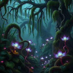 A captivating fantasy scene showcasing a lush, overgrown environment where poisonous vines snake through the dense foliage