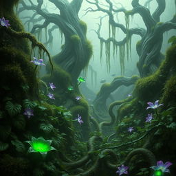 A captivating fantasy scene showcasing a lush, overgrown environment where poisonous vines snake through the dense foliage