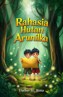 An enchanting forest scene featuring two children, Dara and Bima, holding a treasure map while standing amidst lush greenery