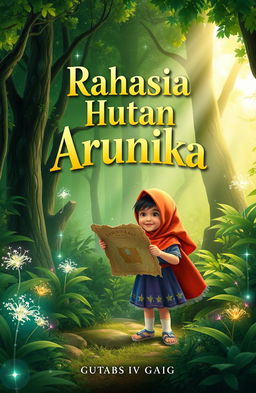 An enchanting forest scene featuring two children, Dara and Bima, holding a treasure map while standing amidst lush greenery