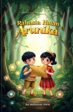 An enchanting forest scene featuring two children, Dara and Bima, holding a treasure map while standing amidst lush greenery