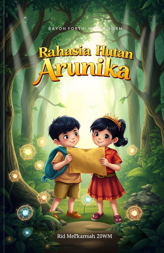 An enchanting forest scene featuring two children, Dara and Bima, holding a treasure map while standing amidst lush greenery