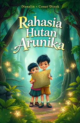 An enchanting forest scene featuring two children, Dara and Bima, holding a treasure map while standing amidst lush greenery